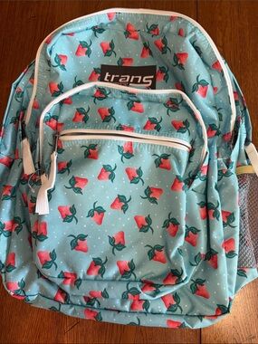Jansport “trans”Teal Backpack with Red Strawberry Print new w/o tags
